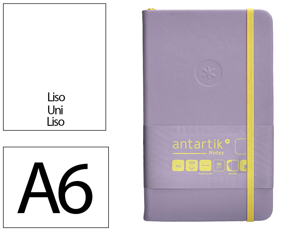 CUADERNO CON GOMILLA ANTARTIK NOTES TAPA DURA A6 HOJAS LISAS MORADO Y AMARILLO 100 HOJAS 80 GR FSC