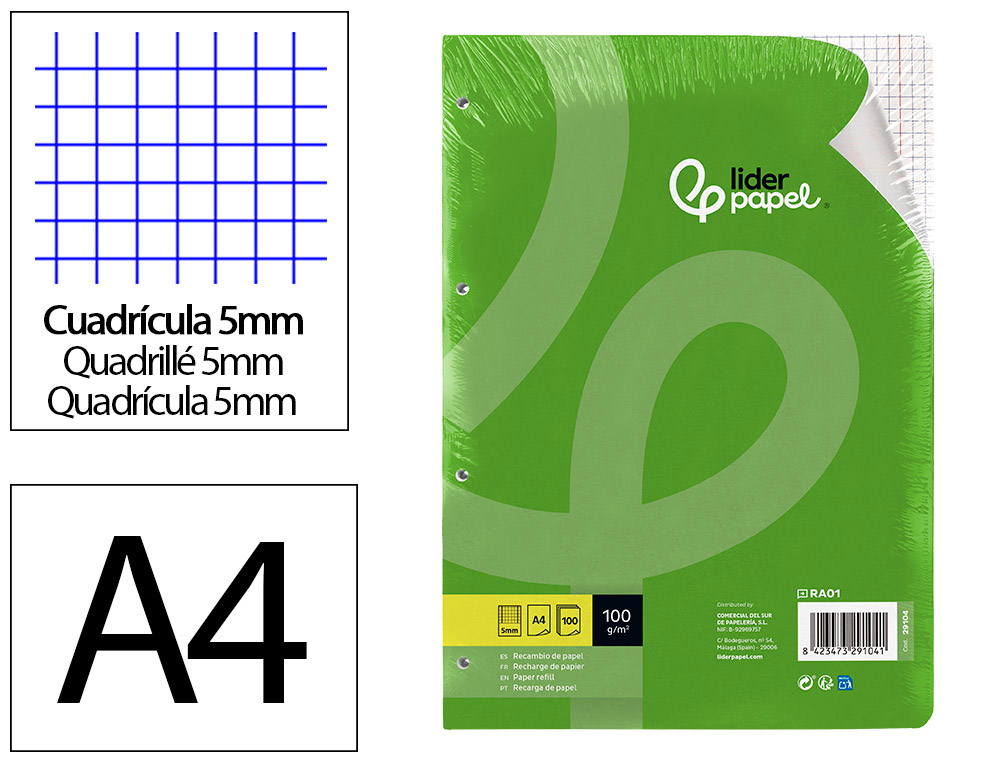 RECAMBIO LIDERPAPEL A4 100 HOJAS 100G/M2 CUADRO 5MM CON DOBLE MARGEN 4 TALADROS