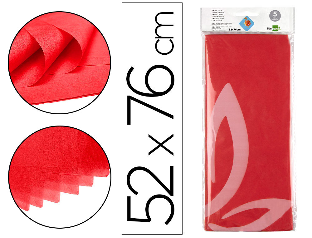 PAPEL SEDA LIDERPAPEL 52X76CM 18G/M2 BOLSA DE 5 HOJAS ROJO