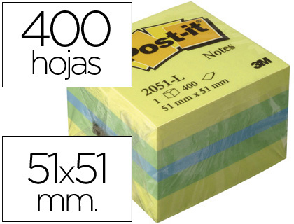 BLOC DE NOTAS ADHESIVAS QUITA Y PON POST-IT 51X51 MM MINICUBO COLOR LIMON 2051-L 400 HOJAS