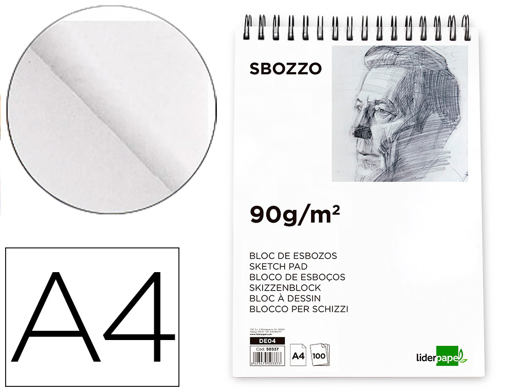 BLOC DIBUJO LIDERPAPEL ESBOZOS ESPIRAL DIN A4 210X297MM 100 HOJAS 90GR/M2 SIN RECUADRO