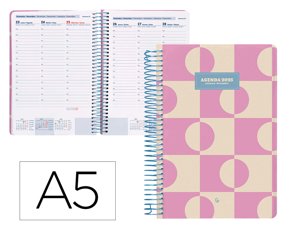 AGENDA ESPIRAL LIDERPAPEL CLASSIC A5 2025 SEMANA VISTA COLOR ROSA PAPEL 70 GR