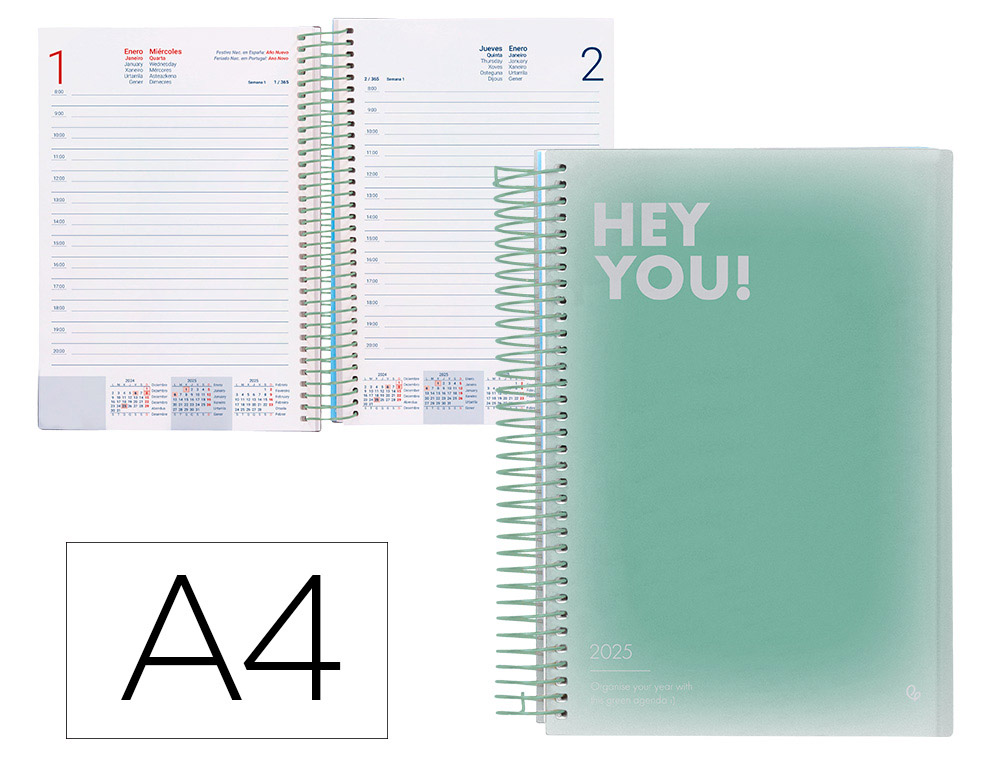 AGENDA ESPIRAL LIDERPAPEL GAZI A4 2025 DIA PAGINA COLOR VERDE PAPEL 70 GR