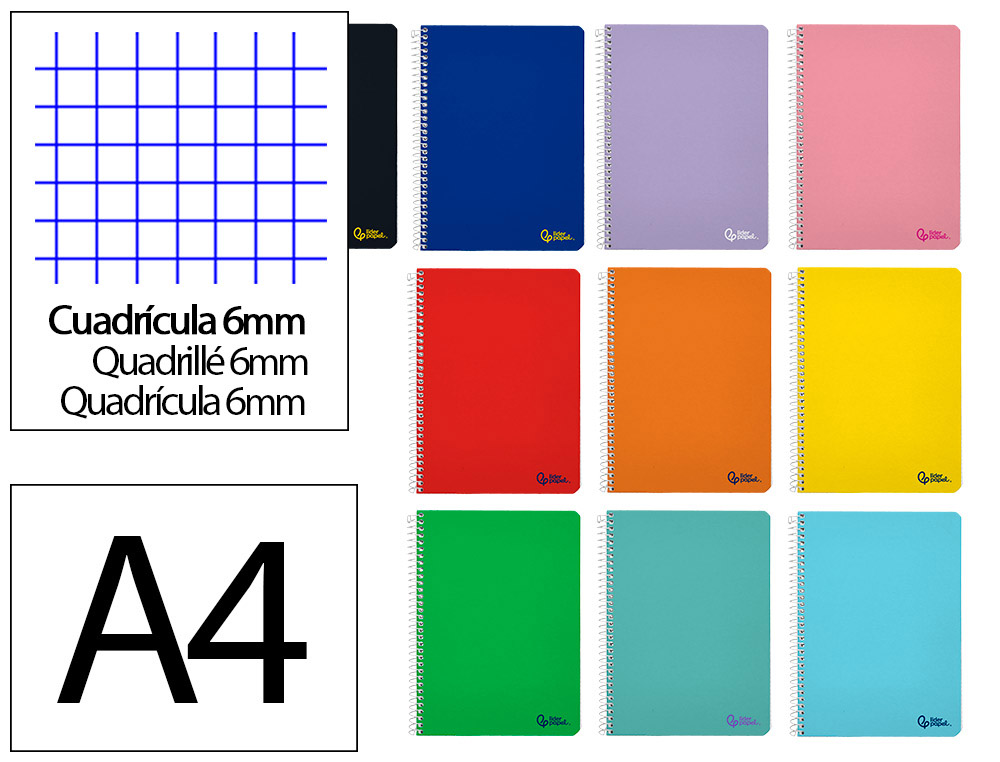 CUADERNO ESPIRAL LIDERPAPEL A4 SMART TAPA BLANDA 80H 75GR CUADRO 6 MM CON MARGEN COLORES SURTIDOS