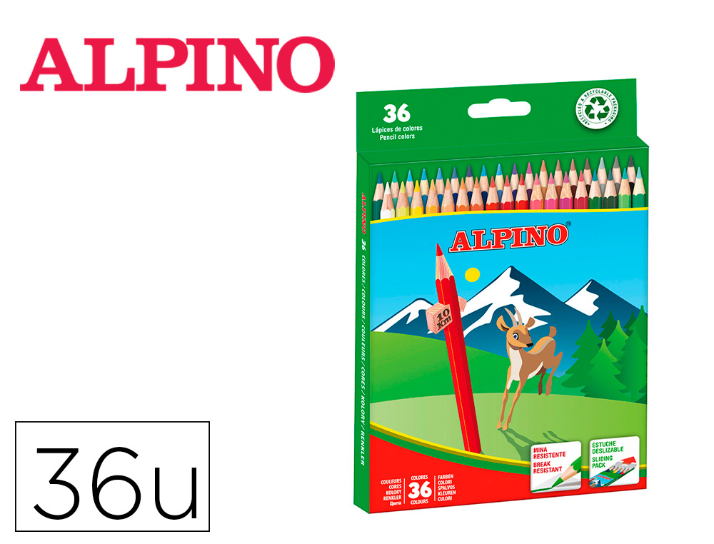 LAPICES DE COLORES ALPINO CAJA 36 UNIDADES COLORES SURTIDOS LARGOS