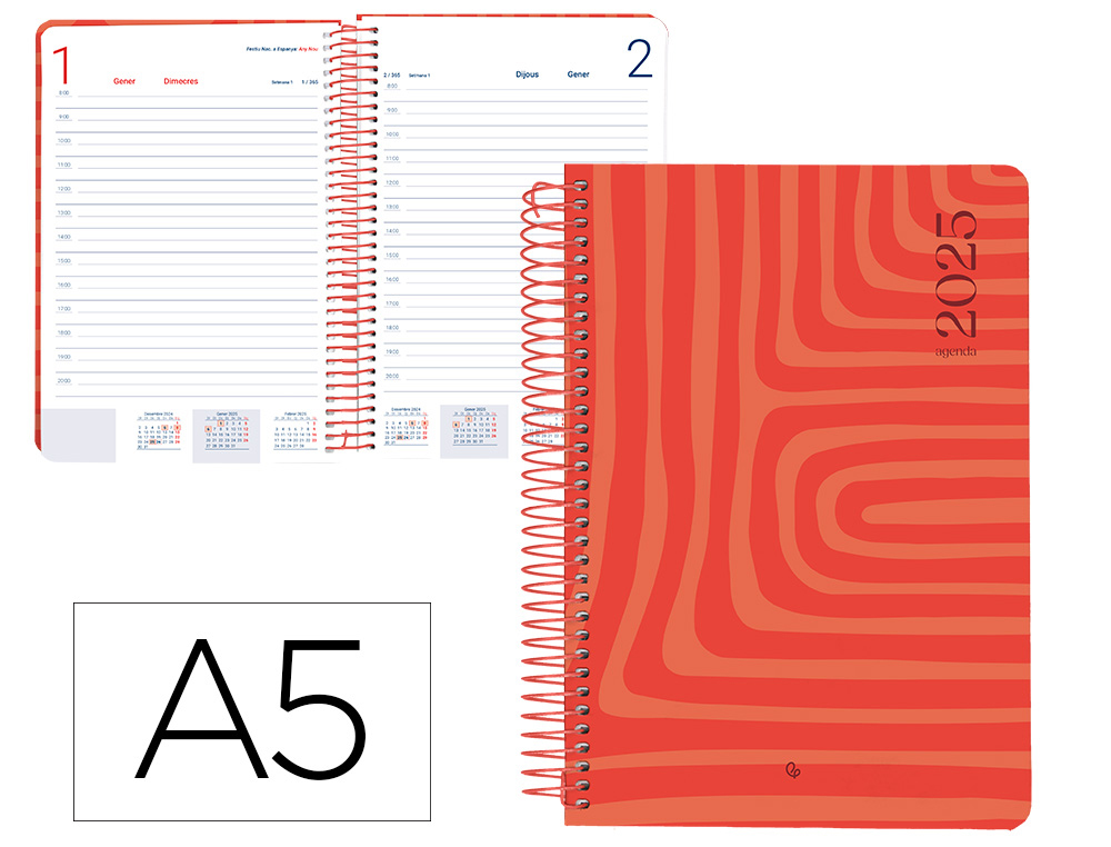 AGENDA ESPIRAL LIDERPAPEL SYROS A5 2025 DIA PAGINA COLOR ROJO PAPEL 60 GR CATALAN