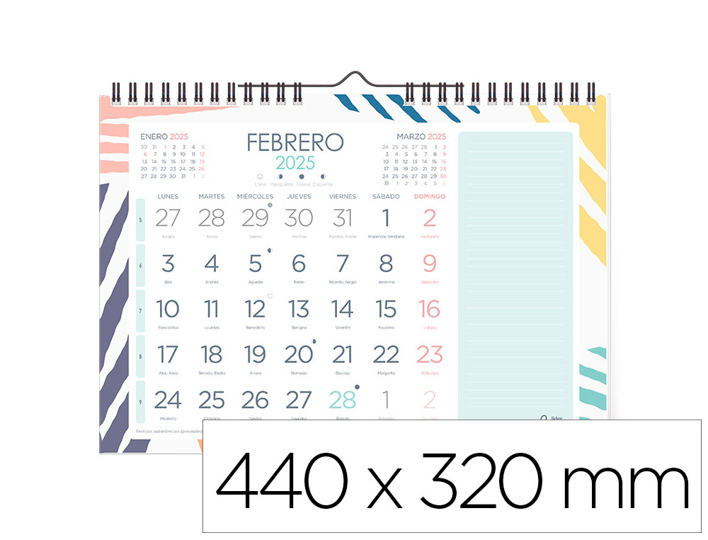 CALENDARIO ESPIRAL PARED LIDERPAPEL JOVEN 2025 NUMEROS GRANDES 44X32 CM PAPEL 128 GR CON PEGATINAS