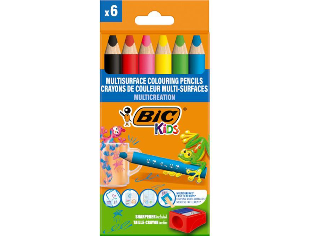 LAPICES DE COLORES BIC MULTISUPERFICIES TRIANGULARES MINA BORRABLE CAJA DE 6 UNIDADES COLORES SURTIDOS +